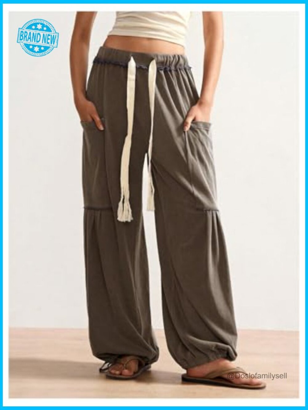 Boho Harem Pants Wide Leg Drawstring Waist Sweatpants Joggers with Pockets Y2K - Picture 5 of 6